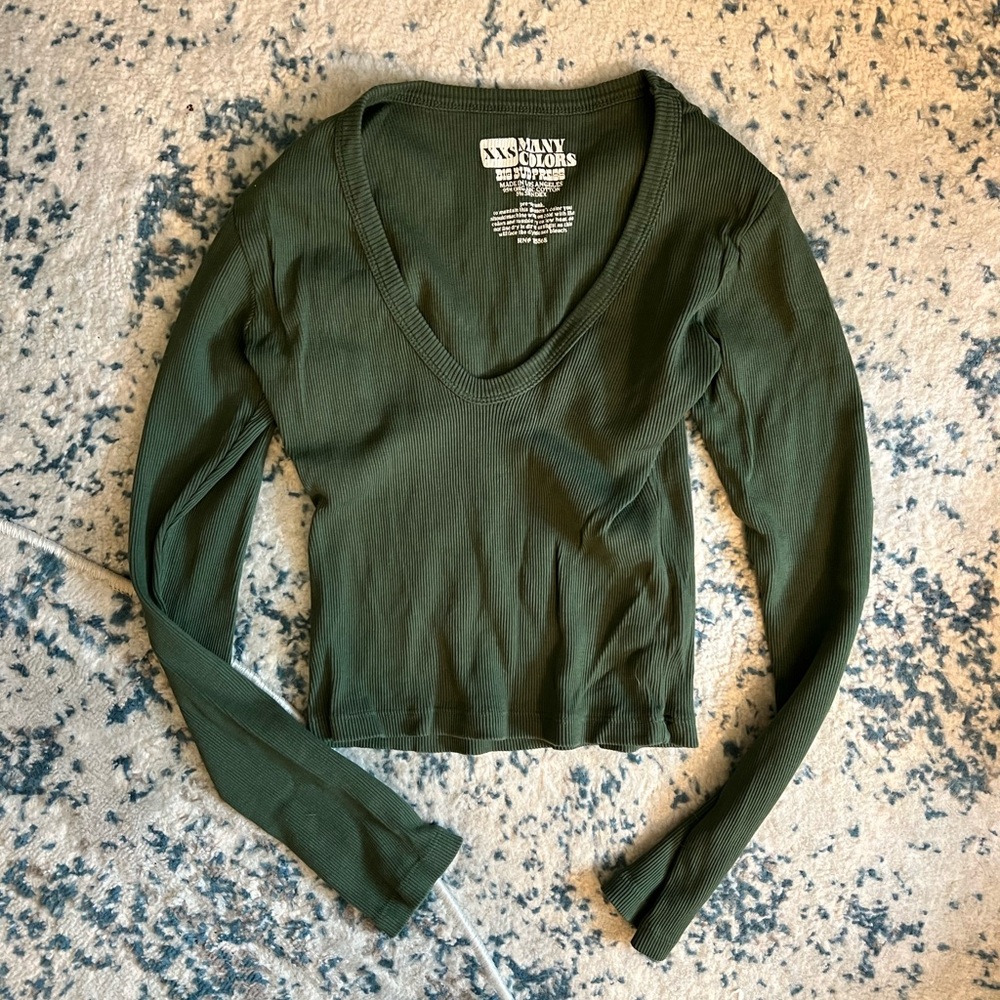 Big bud press forest green ribbed v-neck long sleeve shirt size xxs
